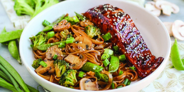 Asian Barbecue Sesame Salmon with Noodles and Veggies
