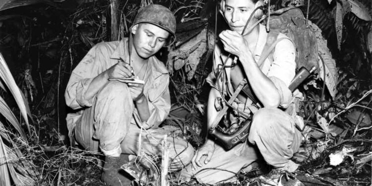 Photograph of Navajo Indian Code Talkers Henry Bake and George Kirk, 12/1943 National Archives Identifier: 593415