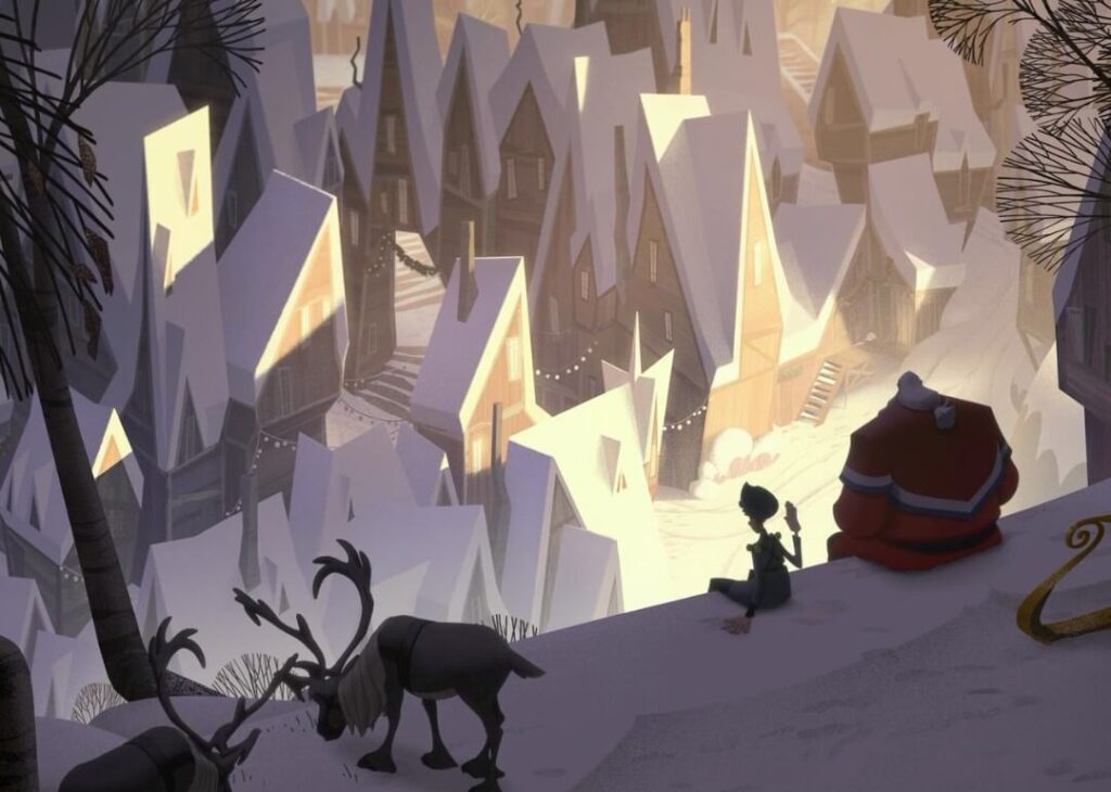 Santa Claus and reindeer on the mountain overlooking the city