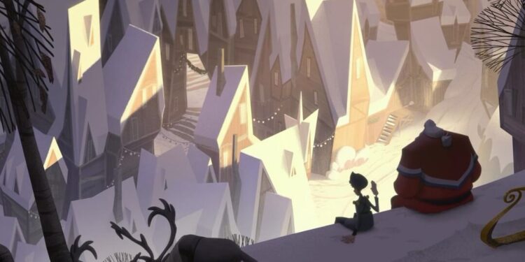 Santa Claus and reindeer on the mountain overlooking the city
