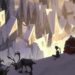 Santa Claus and reindeer on the mountain overlooking the city